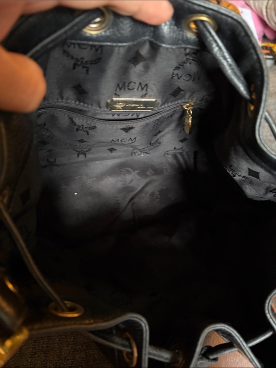 MCM Black Pebbled Leather Drawstring Shoulder Bucket Bag with Gold Hardware main image 5